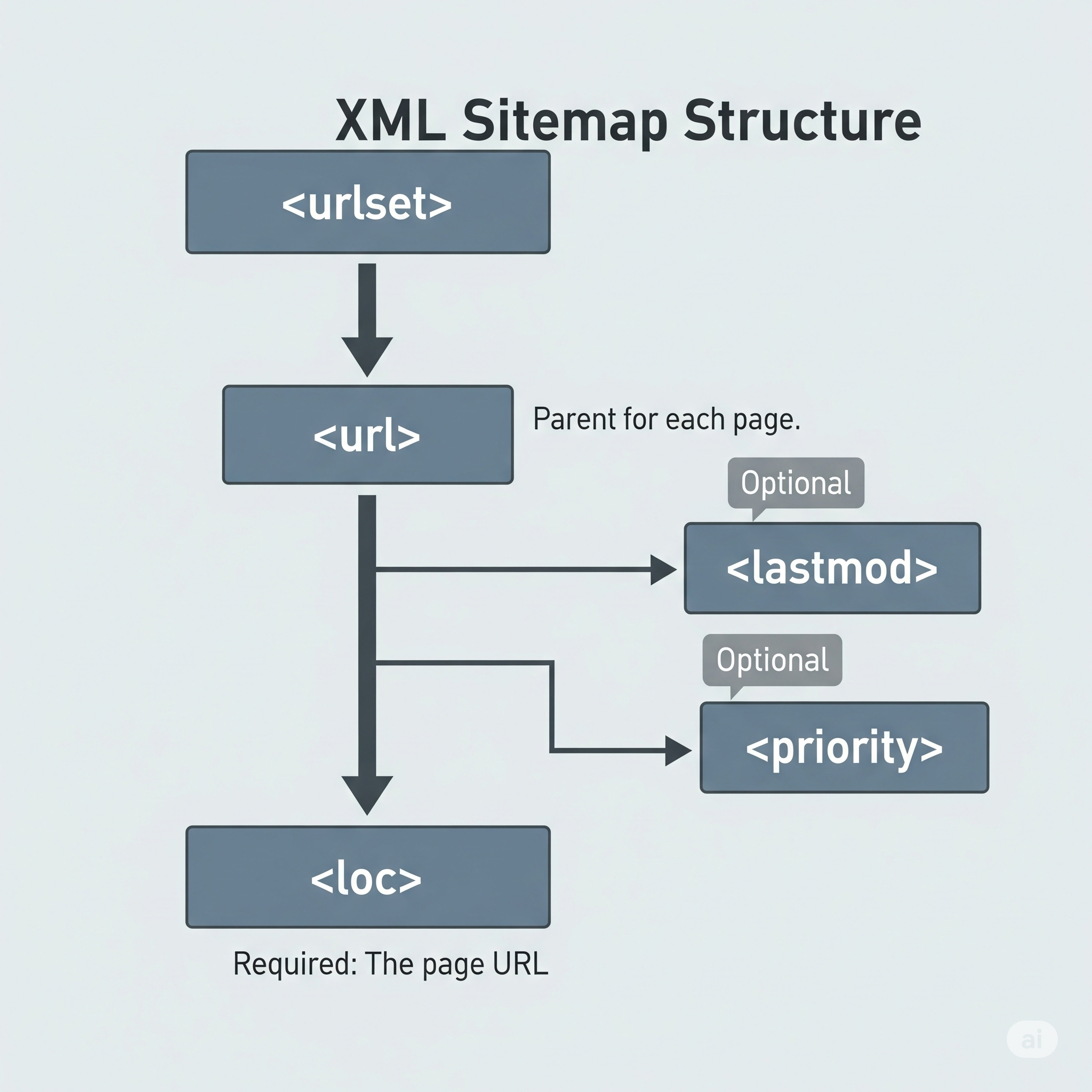 A diagram showing the nested structure of an XML sitemap, from the urlset tag down to the loc tag.
