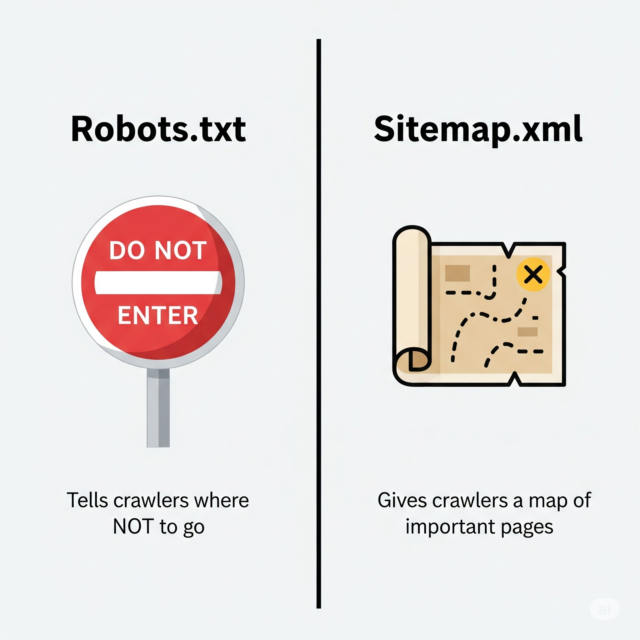 A diagram illustrating that robots.txt is for excluding URLs while sitemap.xml is for including URLs.